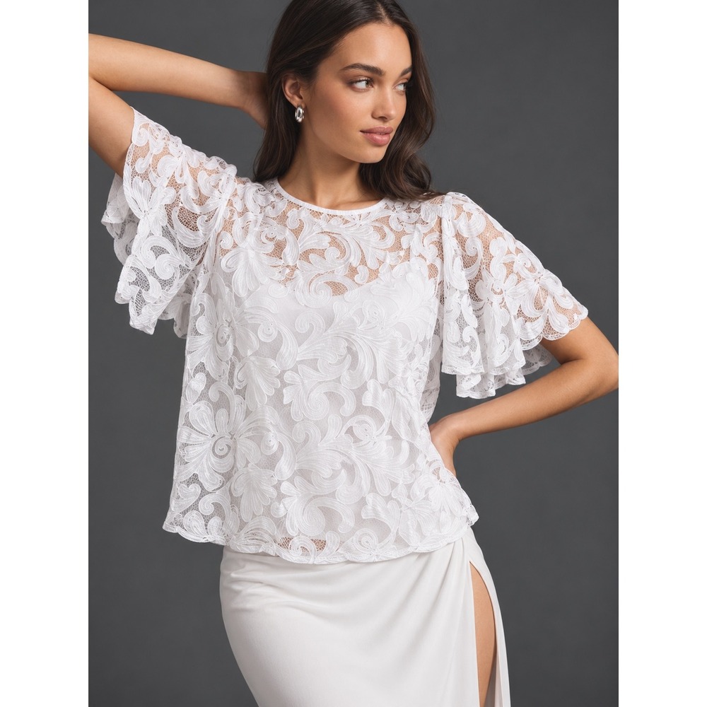White Floral Mesh Embroidered Bell Sleeve Blouse XL MNKU2055 Boho
